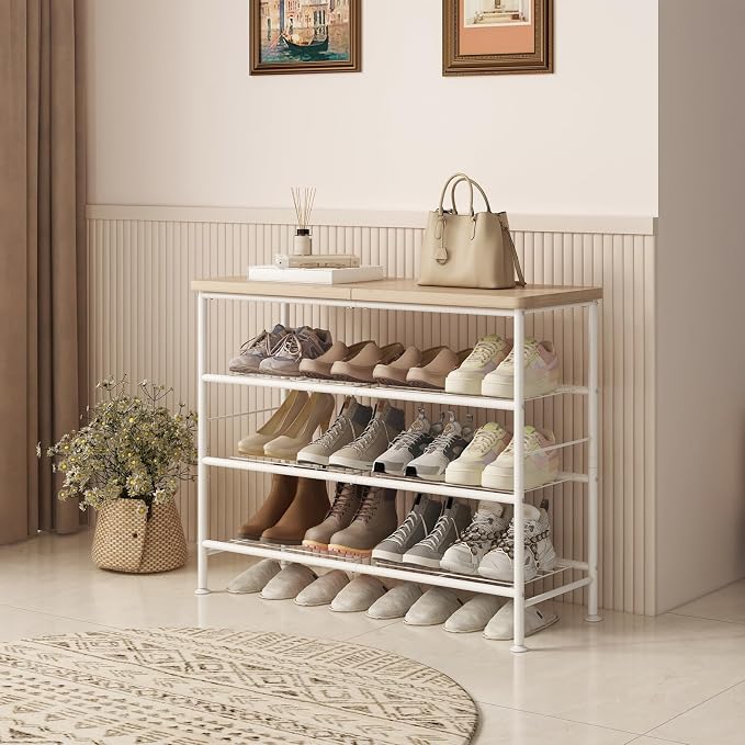 SUOERNUO 4 Tier Shoe Rack Organizer for Closet Shoe Storage for Entryway | Free Standing with MDF Top Board,Sturdy Metal Frame,Ideal for Living Room,Hallway White