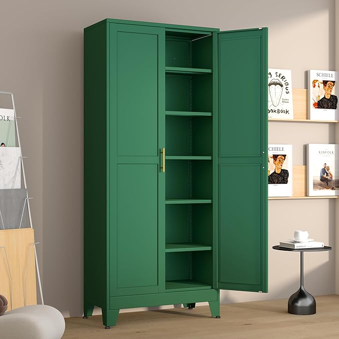 Metal Pantry Cabinet with 2 Doors and 5 Adjustable Shelves, 75"Kitchen Storage cabinets with Gold Handles, Versatile Storage for Laundry Room, Living Room, Bathroom, Dinning Room, Utility Room-Green