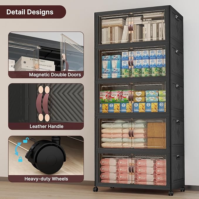 UAMFURI Stackable Storage Bins with Lids, 600QT Lockable Storage Cabinet | Folding Storage Box with Doors and Wheels, Collapsible Plastic Drawers for Home, Garage, Office