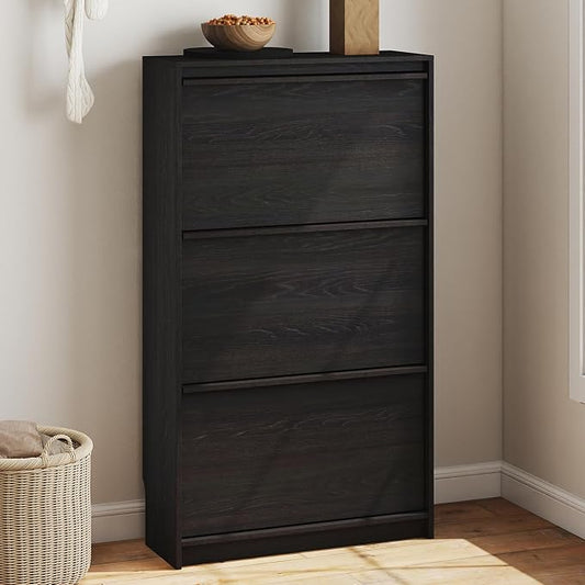 Shoe Cabinet with 3 Flip Drawers, 23.62" W Narrow Shoe Storage Cabinet for Entryway, Slim Shoe Organizer with Adjustable Shelves, Freestanding Shoe Rack for Hallway, Living Room, Black