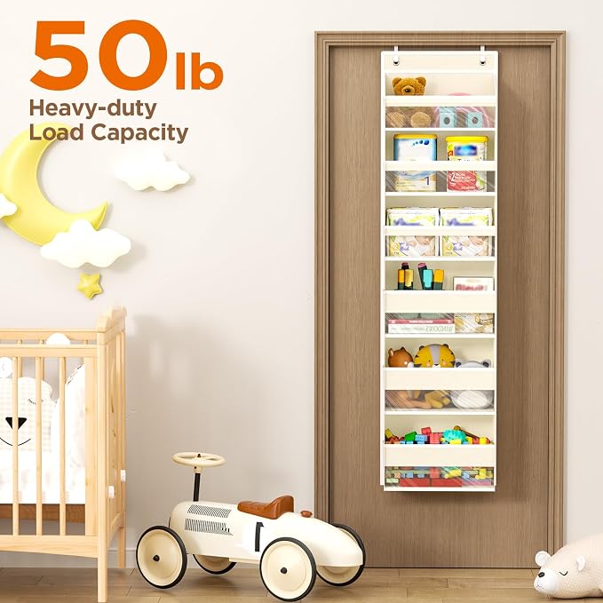 Over The Door Organizer, 6 Tiers Behind The Door Storage Hanging Shelves | Heavy Duty Hanging Organizer Storage with Large Capacity Pockets for Closet Wall Bathroom Bedroom Nursery Pantry, 1 Beige