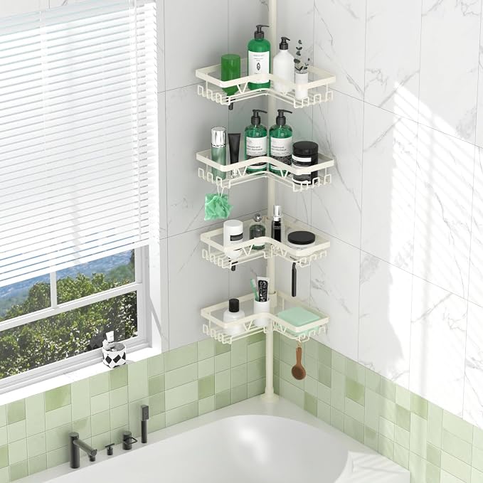 DAOYA Corner Shower Caddy Tension Pole - Adjustable Shower Caddy Off-white | WIth 28 Hook/2 Soap Dish/ 2 Razor Holder, Rustproof, For Bathtub/Bathroom, Floor to Ceiling 25-114 Inch, Simple Install