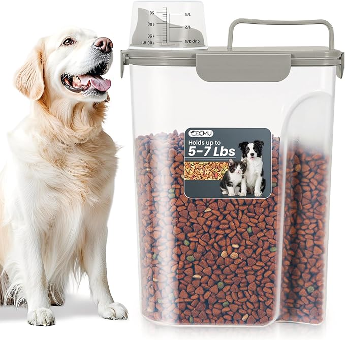 Dog Cat Food Storage Container with Cup (Dark Olive, 5L) | Pet Food Pourable Container Airtight with Large Spout, BPA-Free Plastic Food Dispenser for Pet Food, Bird Seed, Rice, Flour