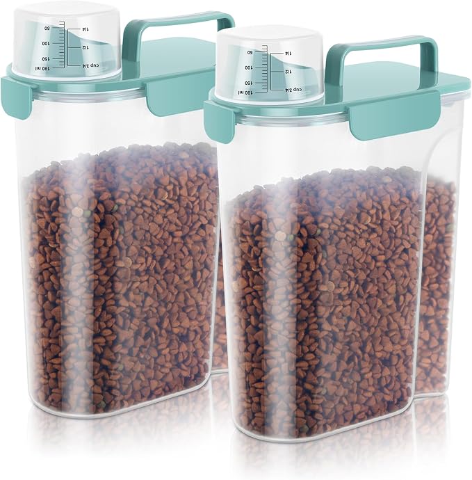 5-7 LBS Cat Dog Storage Container Portable with Upgraded Large Spout and Cup, Plastic Pet Food Dispenser for Small Animal Kibble, Bird Seed, Oatmeal, Rice, Flour, Brown Sugart-2 pack Elegant Blue