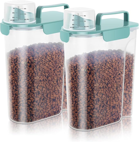 5-7 LBS Cat Dog Storage Container Portable with Upgraded Large Spout and Cup, Plastic Pet Food Dispenser for Small Animal Kibble, Bird Seed, Oatmeal, Rice, Flour, Brown Sugart-2 pack Elegant Blue