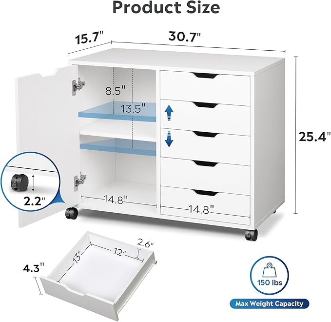 DEVAISE 5-Drawer Wood Drawer Cabinet, Office Storage Cabinet with Adjustable Shelf & Wheels, Printer Stand for Home Office, White | Craft Storage Cabinet, Under Desk Drawer, Rolling Cart Furniture, Adjustable Shelf & Wheels, Printer Stand, Home Office