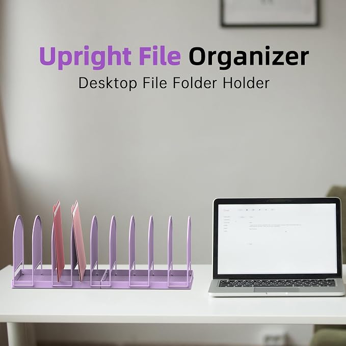 SUPEASY 9-Section File Organizer for Desk, Metal File Folder Holder, Purple | 9 Vertical Compartments with Sturdy Metal Base for Office Documents Books Magazines and Laptop