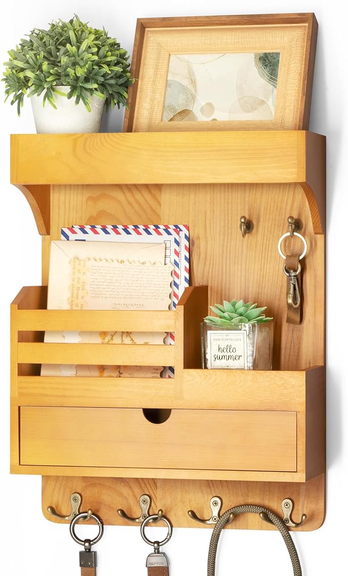 Rebee Vision Key Holder Wall Mount with Drawer for Home Decor, Light Brown | Key Holder for Wall, 6 Key Hooks, Floating Wall Shelf, Drawer Organizer, Mail Sorter, Room Decor Aesthetic