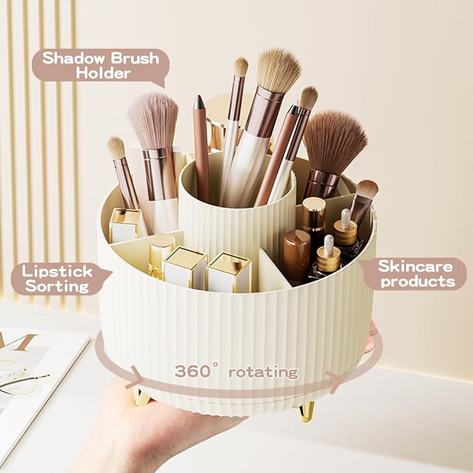 fanado 360° Rotate Makeup Brush Holder Organizer, Makeup Organizers Countertop, Makeup organization and Skincare Storage for Vanity, Desktop, Bathroom (Ivory)