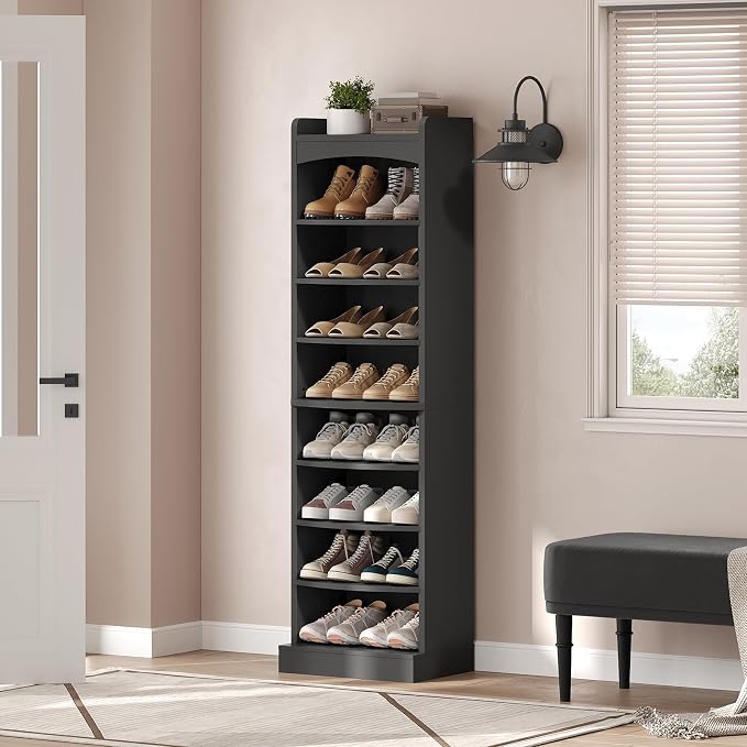 9-Tier Tall Shoe Rack, Wooden Shoe Storage Organizer, Narrow Shoe Cabinet with Removable Shelves for Small Spaces, Holds 18 Pairs of Shoes, for Entrance, Hallway, Black SS22BK