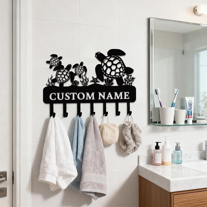 Personalized Key Holder for Wall, Sea Turtle Custom Key Hooks | Sea turtle key organizer, metal key rack for beach house decor, coastal wall hooks, ocean lover and entryway decor