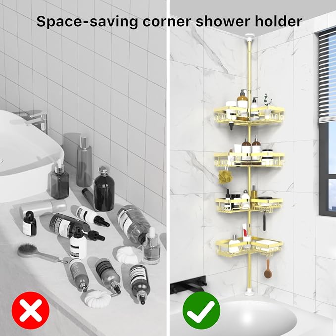 KEGII Corner Shower Caddy Tension Pole, Bathroom Storage Rack, Gold | Stainless Steel 4-Tier Shower Shelf with Hooks and Soap Holder, Waterproof Rustproof Organizer for Renters and Families
