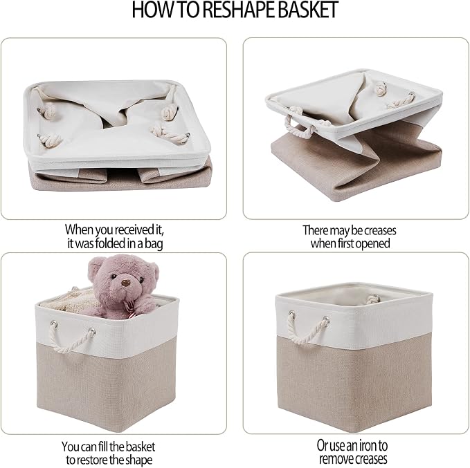 MidmmVick 11 x 11 Inch Cube Storage Bins, 6 Pack Large Collapsible Fabric Storage Bin with Ropes, Foldable Storage Cubes for Home, Office,Closet, Clothes, Toys Organizer (White & Beige-11"x11"x11")