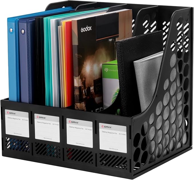 Comix Magazine File Holder 4 Compartment Desk Organizer, Black | Plastic 4 Slot Magazine File Organizer, Holds Binders, Books & Folders, Blank Label for Easy ID.