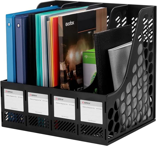 Comix Magazine File Holder 4 Compartment Desk Organizer, Black | Plastic 4 Slot Magazine File Organizer, Holds Binders, Books & Folders, Blank Label for Easy ID.