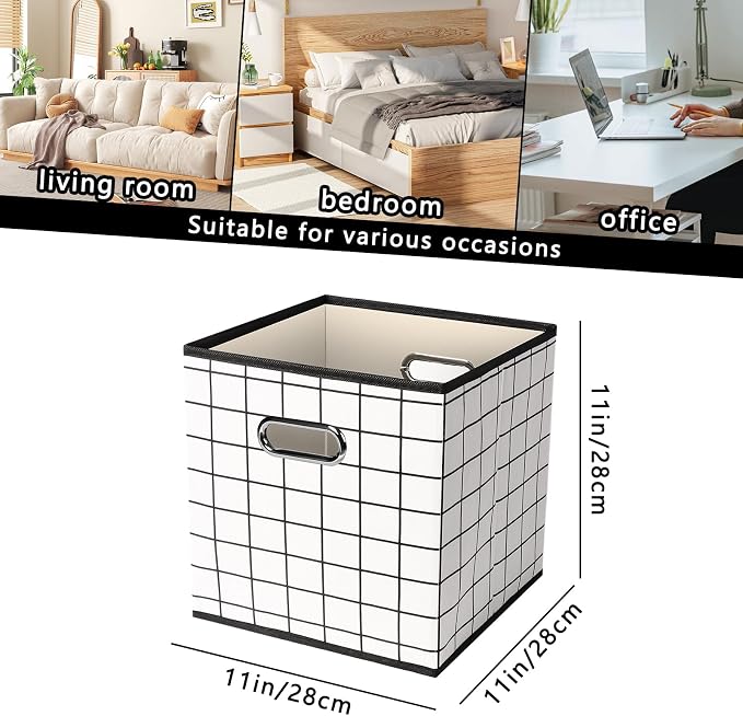 Yunkeeeper storage bins Cubes, Fabric Cube Organizer with Handle, Foldable Cube Bins for Cloth or Accessary Storage, 11x11x11, Set of 6, (White grid)