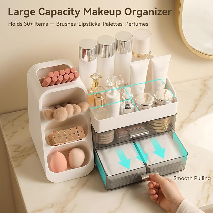 Makeup Organizer for Vanity with Brush Holder and 2 Drawers, White | Large-Capacity Makeup Holder Organizes Skincare, Cosmetics and Daily Beauty Products for Tidy Vanity and Bathroom Counters