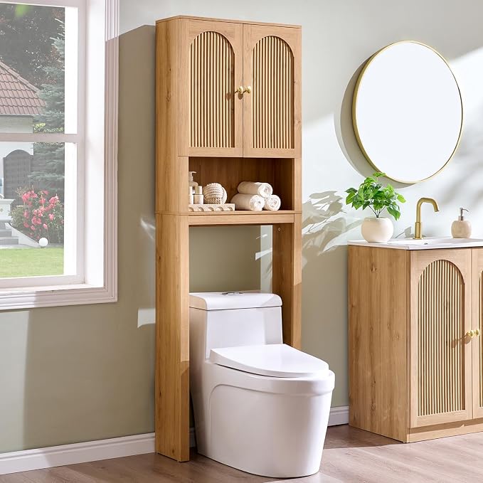 72" Over The Toilet Storage Cabinet, Modern Over Toilet Bathroom Organizer Shelf with Fluted Arched Doors, Wooden Free Standing Bathroom Storage Cabinet with Adjustable Shelf, Space Saver, Natural Oak