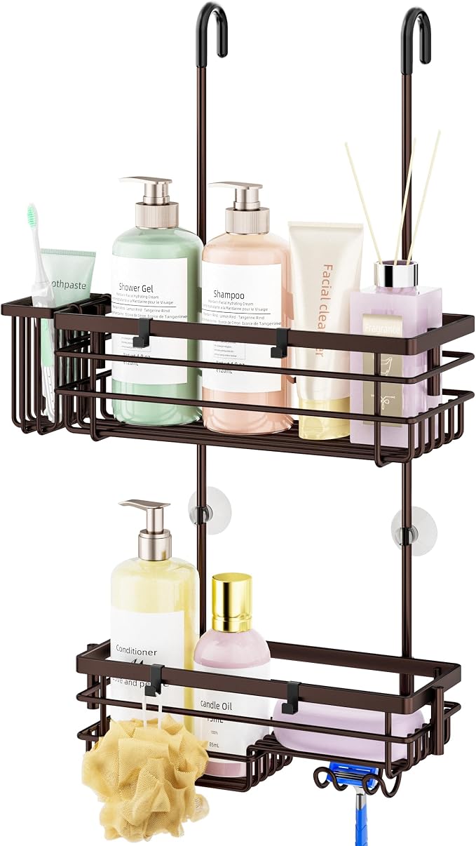 HapiRm Hanging Shower Caddy Organizer - No Drilling Shower Shelves with Hooks and Toothbrush Holder, Rustproof 304 Stainless Steel Bathroom Organizer - Bronze