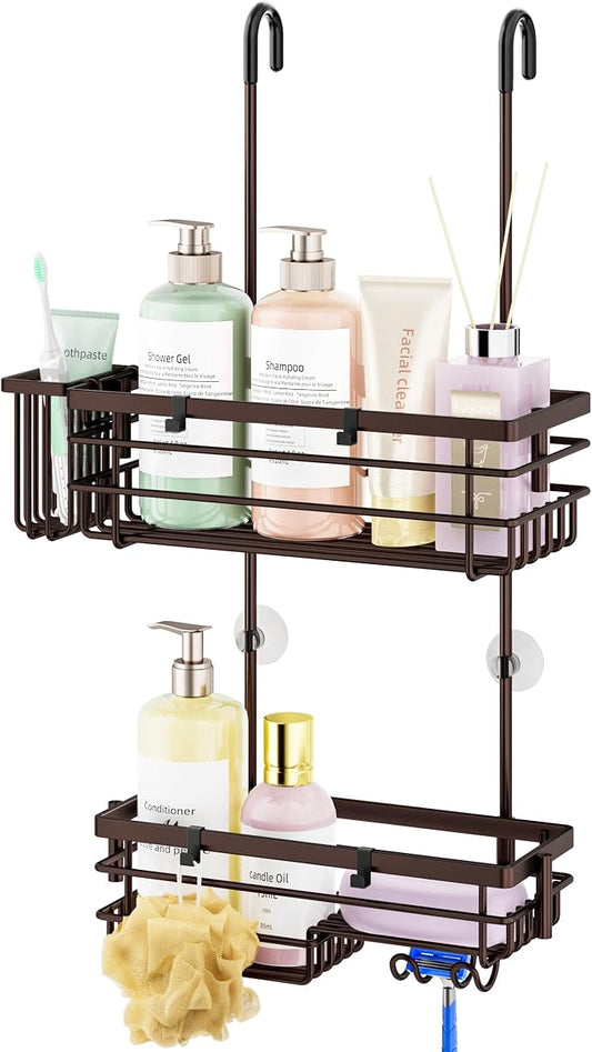 HapiRm Hanging Shower Caddy Organizer - No Drilling Shower Shelves with Hooks and Toothbrush Holder, Rustproof 304 Stainless Steel Bathroom Organizer - Bronze