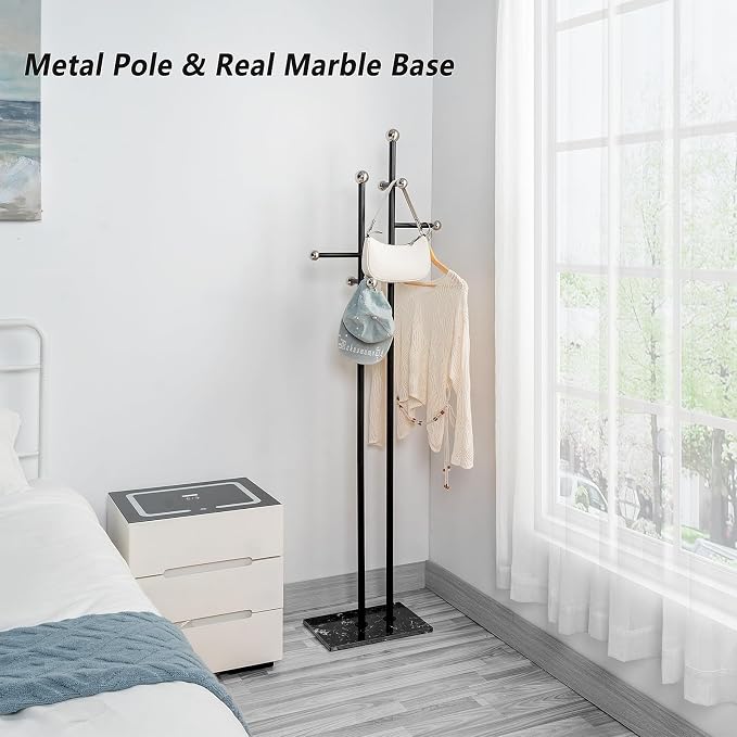 Metal Standing Coat Rack for Entryway Bedroom Living Room (Black) | Easy Assembly, Compact Footprint, Space Saver, Metal Frame, Marble Base, Sturdy, 8 Spherical Hooks, Office, Corner