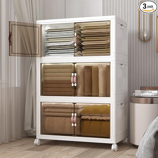 Stackable Storage Bins with Lids, 504QT Closet Organizers and Storage Cabinet with Doors & Wheels, Lockable Plastic Foldable Drawers for Bedroom Dorm Office Garage（168QT*3,White）