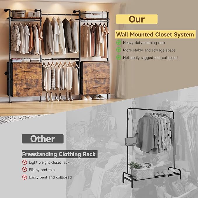 ONBRILL T4 Wall Mounted Closet System, Industrial Pipe Clothing Rack with 8 Wooden Shelves, 4 Drawers & 4 Hanging Rods (2 Expandable), Heavy Duty Closet Organizers and Storage System (Rustic Brown)