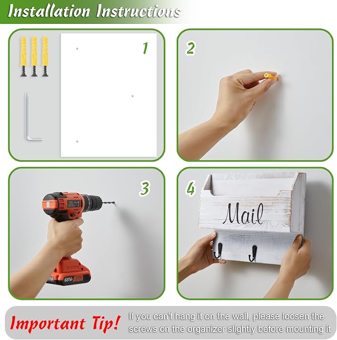 DRASTAR Mail Organizer Wall Mounted, Wooden Mail & Key Holder for Wall, Hanging Mail Organizer, Retro White Mail Basket for Home Office