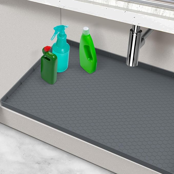 Silicone Under Sink Mat 25 x 19, Waterproof Under The Sink Mat for Kitchen, Under Kitchen Sink Mats and Protectors, Under Bathroom Sink Mat, Cabinet Liner Shelf Liner Gray