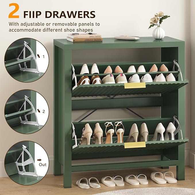 YOMILUVE Fluted Shoe Storage Cabinet with 2 Flip Drawers, Freestanding Shoe Organizer, Hidden Slim Narrow Shoe Rack for Entryway, Hallway, Green