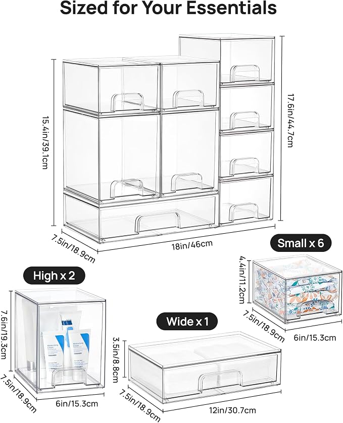 Vtopmart Stackable Storage Drawers Set of 9, Clear Plastic Organizer Bins for Baby Bottle, Beauty Supplies Storage, Ideal for Kichen Countertop, Vanity, Bathroom, Cabinet, Pantry Organization