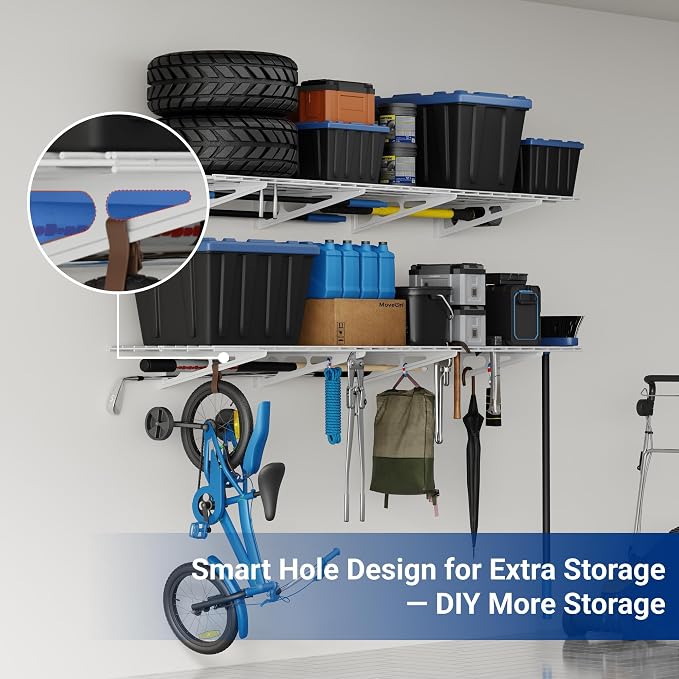 FLEXIMOUNTS 4-Pack 2x4ft Wall Shelf Garage Storage Rack Wall Mounted, White | 24-inch-by-48-inch Garage Floating Shelves, Total 1200lbs Capacity, Rustproof Seamless Grid Design, Classic Series