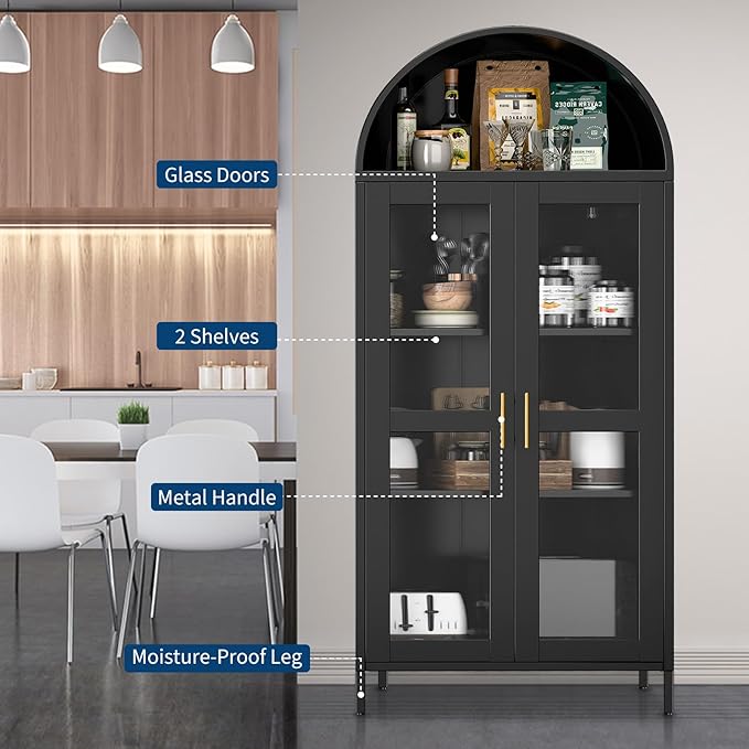 Garvee 73" Tall Arched Cabinet with Glass Doors and Adjustable Shelves | Black Arched Bookcase & Bookshelf, Freestanding Display Cabinet for Dining, Kitchen, Living Room, Powder-Coated Finish