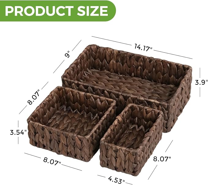 Wicker Storage Baskets Set of 3, Large and Small Pantry Baskets Set, Brown | Handwoven Water Hyacinth Baskets for Organizing, Decorative Natural Woven Baskets 3Pack for Toilet Shelves, Boho Decor