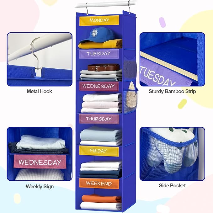 Weekly Clothes Organizer for Kids, 6-Shelf Hanging Closet Organizer with Colorful Labels, Space Saving Design with 2 Pockets, Daily Hanging Closet Shelves for Kids Room Storage, Blue