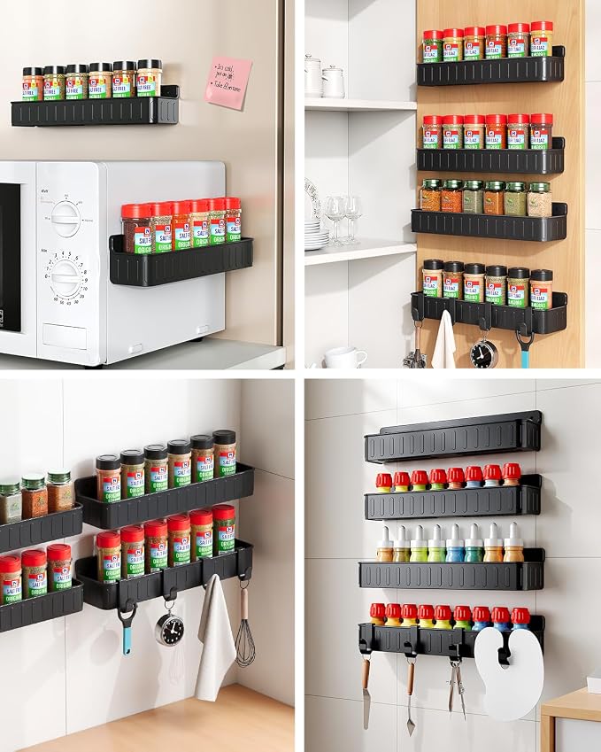 Nieifi Spice Rack Wall Mount, 4 Pack Black, 2" Depth, Screw/Adhesive | Wall-Mounted with Removable Hooks Saves Counter Space, Fits 2" Deep Jars, Ideal for Kitchen Cabinets, Pantry Doors, and RVs.
