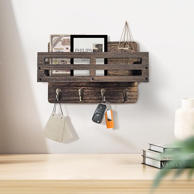 Key Holder Wall Mount Farmhouse Key Hooks for Wall with Mail Organizer Decorative Key Rack with 4 Sturdy Hooks for Dog Leash, Sunglasses, Rustic, Paulownia Key Hanger for Entryway, Brown