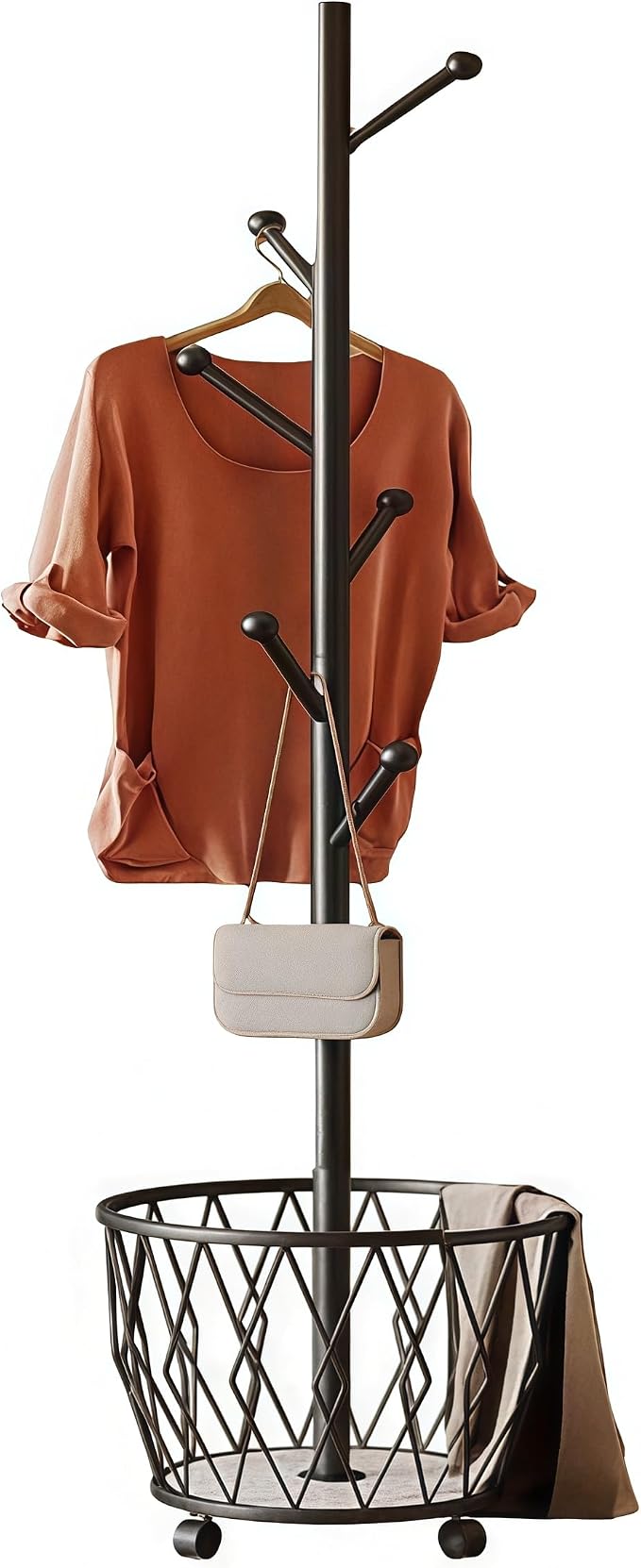 Black Moveable Tree Metal Coat Rack with Basket Freestanding 65" | Organizer for Scarf Jacket Hat Bags Ideal for Home Entryway Bedroom Corner Stable
