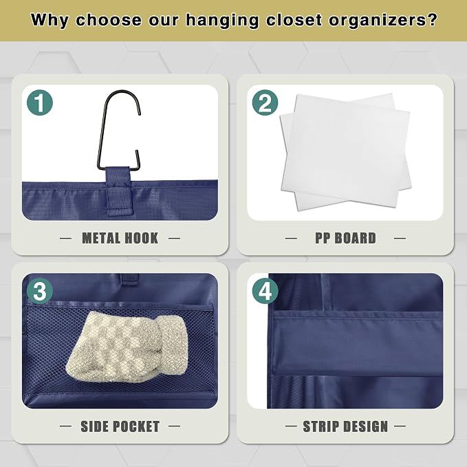 3-Shelf Hanging Closet Organizer and Storage, Foldable Hanging Closet Shelves Front Lip Design Washable Hanging Storage, Navy Blue
