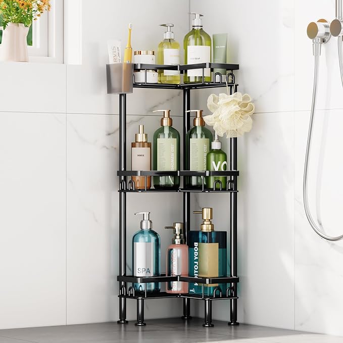 HapiRm Standing Shower Caddy Corner - 3 Tier Corner Shower Organizer with Toothbrush Holder and 12 Hooks, Large Capacity Rustproof Bathroom Shelves for Tall Bottles, Black