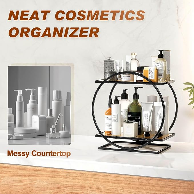 Bathroom Countertop Organizer, Black Perfume Organizer for Dresser | 2 Tier Bathroom Counter Organizer,Vanity Shelf Makeup Organizer, Bathroom Organizers and Storage, Skincare Tray Perfume Stand