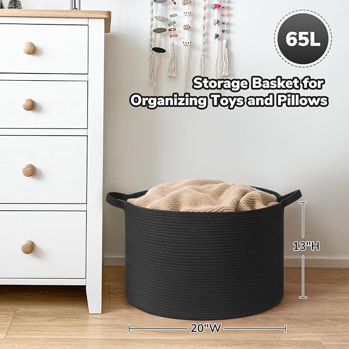 Goodpick 65L Large Woven Rope Basket for Blankets Living Room, 65L | 19.7 x 19.7 x 12.6 In Woven Basket for Storage, Kids Toy Storage for Playroom, Laundry Basket for Towels,Black