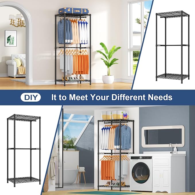 E12 Clothes Rack，Heavy Duty Freestanding Garment Rack with Shelves，Metal Clothing Closet Storage System for Hanging Clothes，57.1" W x 16" D x 76.5" H, Hold 860 lbs，Black