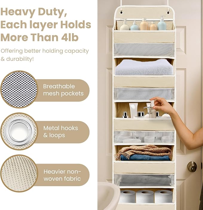 Over the Door Organizer with 10 Side Mesh Pockets,6 Shelf | 4 Shelf Capacity Hanging Behind the Door Kitchen Organizers&Storage Suitable for Storing Toys, Shoes, Towels, Lvoy White