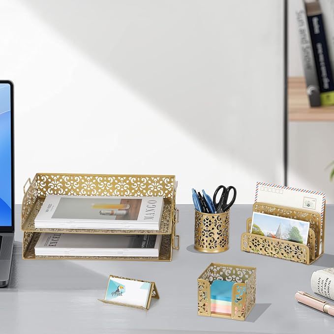 EasyPAG Desk Organizers and Accessories 5 Pieces Office Supplies Set - 2 Tier Paper Tray, Pencil Organizer for Desk, Mail Sorter Countertop, Business Card Holder and Sticky Note Holder, Gold