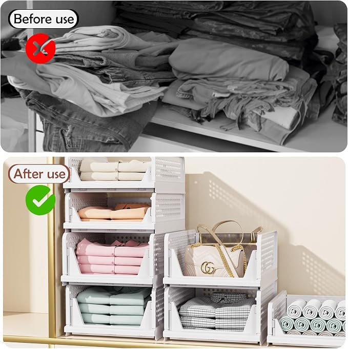 4 Pack Folding Closet Organizers Storage Box, Stackable Storage Bins, Plastic Drawer Basket Closet Storage for Wardrobe Cupboard Kitchen Bathroom Office White-4L | White stackable plastic drawer bins for closets, wardrobes, kitchens, bathrooms, offices
