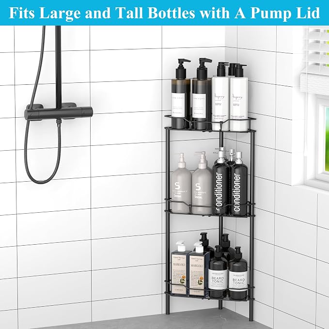 HuggieGems 3 Tier Floor Standing Corner Shower Caddy Organizer Shelf with Hooks, Bathroom Shelves Stand Rack, Black