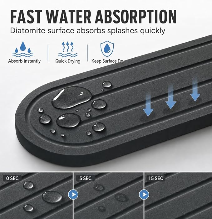 2PCS Water Absorbing Stone Drying Tray Mat for Bathroom Sink & Kitchen Counter Faucet Organizer Decor, Quick Dry Dish Soap Dispenser Sponge Holder, Vanity Caddy Coaster,Dark Gray -10"*3.8"