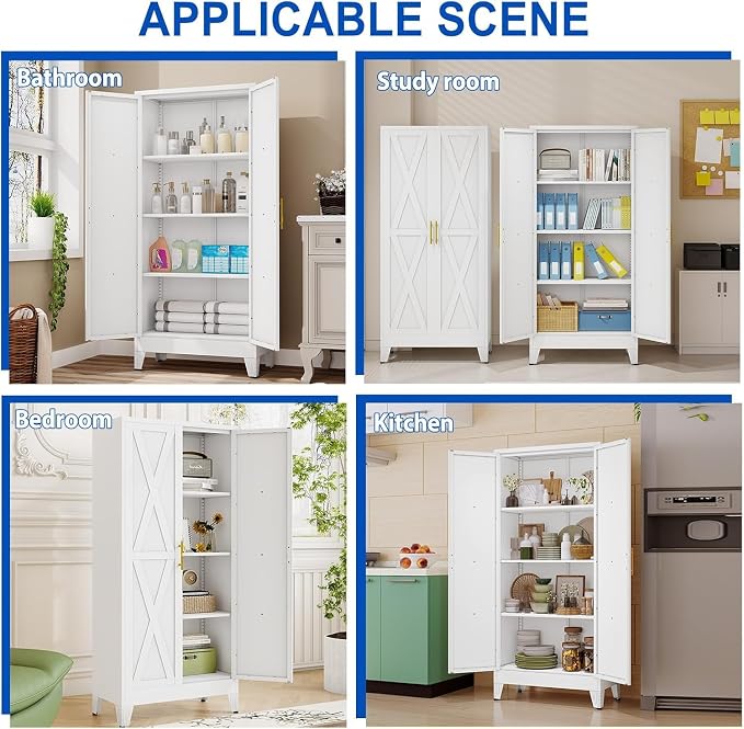 61" Metal Storage Cabinet with 2 Doors and 3 Adjustable Shelves,White Farmhouse Kitchen Pantry Cabinet,Steel Garage Tool Cabinet,File Cabinetfor Home,Office,Dinning Living Room,Warehouse