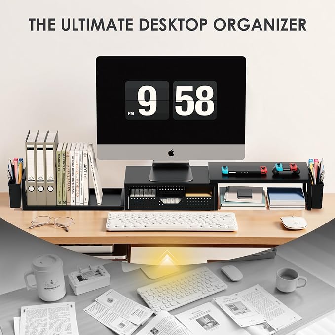 OPNICE Desk Organizers and Accessories, Dual Monitor Stand Riser with Drawer and 2 Pen Holders, Desk Shelf Computer Racks for Office Workspace Organizers, Desktop Organization (Black)